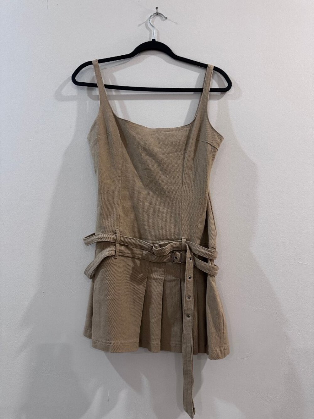 ISALIS Khaki Beige Belted Pleated Utility Mini Dress | Size S